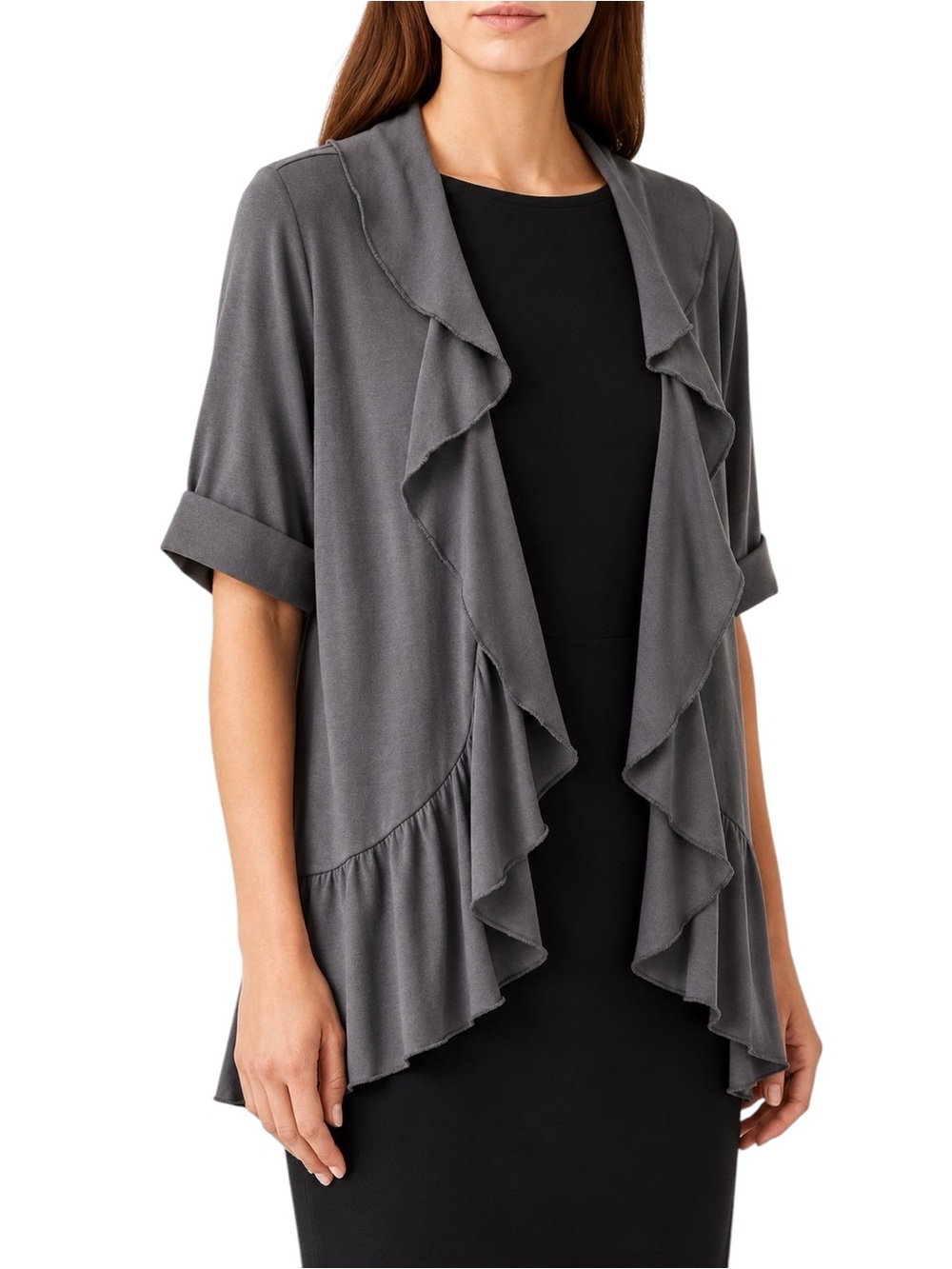 Lane Bryant Open Front Ruffle Cascade Lagenlook Shrug Charcoal Gray Size 18|20